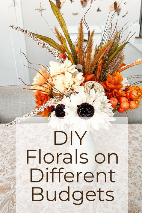 While I try my best to find florals and extras that are inexpensive, the arrangements my mom does are, admittedly, not cheap. She adds things she already has purchased in the past, like Polish Pottery pieces, that add to the expense of these arrangements. I decided to compare and contrast these with a more frugal version with materials from the Dollar Tree and see how the Dollar Tree arrangements stack up. #diyflorals #diy #diyonabudget #floralsonabudget Faux Flower Arrangements Diy, Dollar Tree Flowers, Fall Floral Decor, Dollar Tree Fall, Fall Flower Arrangements, Fall Florals, Faux Flower Arrangements, Fall Arrangements, Floral Branch