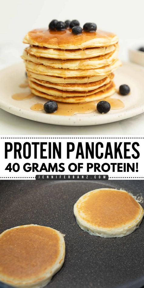 A Mother's Day breakfast recipe with 40g of protein and only 300 calories! There are no bananas and no oats in these protein pancakes. While these protein powder pancakes are gluten-free, keto, and low-carb, they still taste delicious! Save this Mother's Day brunch idea! High Protein Keto Pancakes, Protein Pancakes With Bisquick, Protein Packed Pancakes, Protein Powder Pancakes Low Carb, Protein Breakfast Pancakes, Savory Protein Pancakes, How To Make Pancakes With Protein Powder, Pancake Recipe With Protein Powder, Healthy But Delicious Breakfast