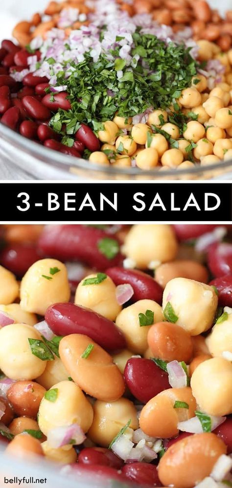 This Three Bean Salad is a ridiculously easy and healthy side salad that requires no cooking, comes together in 15 minutes, and for under $5.00 - so colorful and great for potlucks! 3 Bean Salad, Homemade Beans, Three Bean Salad, Bean Salad Recipes, Healthy Side, No Cooking, Mango Salsa, Healthy Sides, Bean Salad