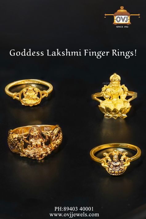 Beautifully quaint and shimmering with hints of trendy chic, our lakshmi devi finger rings captivate hearts with intricate workmanship and aesthetic elegance. Our gold finger ring designs are designed and crafted with exquisite finesse to enrich your special moments. Our lakshmi jewellery design are a big hit with our customers who carry an ardent love for jewellery that reflects the rich heritage and culture of India. Shop for enamoring one of a kind gold finger rings for women at OVJ! Lakshmi Devi Finger Rings Gold Women, Laxmi Devi Gold Rings For Women, Finger Ring Designs Gold Indian, Lakshmi Devi Rings Gold Women, Lakshmi Ring For Women, Laxmidevi Rings Gold, Lakshmi Devi Rings Gold Latest, Lakshmi Devi Finger Rings For Women, Laxmi Devi Finger Rings Gold