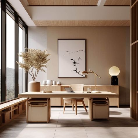 Japandi Workspace, Japanese Office Design, Japandi Office Design, Japandi Office, Japandi Home Office, Minimal Home Office, Zen Office, Japandi Furniture, Baddie Apartment