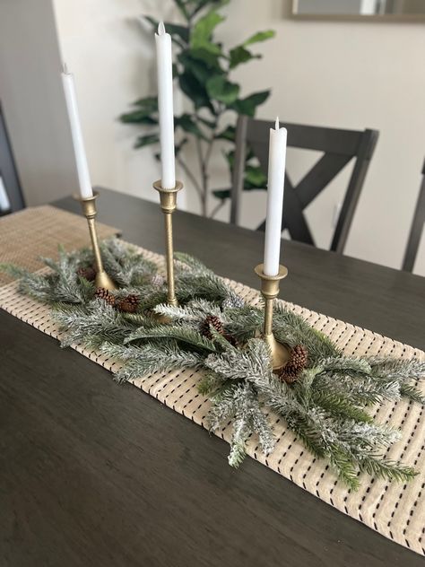 Dining Table Christmas Runner, Kitchen Table Decor Candle Sticks, Pine Garland Table Runner, Gold Christmas Table Runner, Xmas Dining Table Ideas, Dining Table Christmas Decor Simple, Christmas Table With Candlesticks, Christmas Decor With Candlesticks, Christmas Decor Dinning Room Table