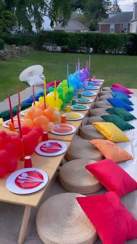 Color Party Table Decor, Cocomelon Picnic Party, Color Parties Ideas, Cocomelon Party Table Set Up, Colourful Birthday Party, Colors Birthday Party Theme, Colour Picnic Ideas, Color Picnic Ideas, Pride Birthday Party Ideas