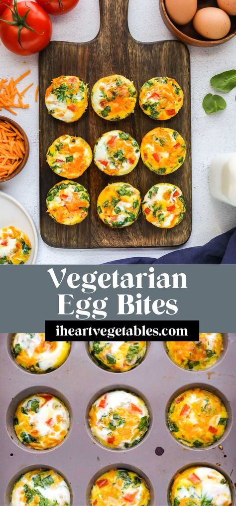 These delicious vegetarian egg bites are a great make-ahead breakfast! You can prepare a batch of these and reheat them in the microwave for a quick morning meal or high-protein snack! Egg Bites With Veggies, Egg Bites Veggie, Healthy Egg Bites Recipe, Egg Bites Vegetarian, Make Ahead Vegetarian Breakfast, Make Ahead Egg Bites, Vegetarian Egg Bites, Quick Vegetarian Breakfast, Veggie Egg Bites