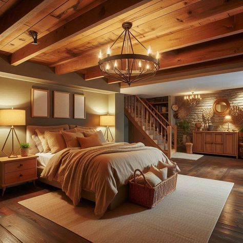 Basement Bedroom Ideas Loft Style Basement, Basement Bedroom Flooring Ideas, One Bedroom Basement Apartment Ideas, Finished Basement Decorating Ideas, Cozy Basement Colors, Decorating Basement Ideas, Rustic Basement Design Ideas, Basement Exposed Ceiling, Cozy Basement Design Ideas