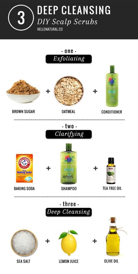 3 Deep Cleansing DIY Scalp Scrubs  2 tablespoons sea salt 1-2 tablespoons lemon juice 1-2 tablespoons olive oil Mix salt, lemon juice and oil together then wet hair and massage scrub into scalp for several minutes. Rinse well and shampoo. Baking Soda For Hair, Tea Tree Shampoo, Scalp Scrub, Baking Soda Uses, Baking Soda Shampoo, Hair Remedies, Natural Diy, Dry Scalp, Diy Soap