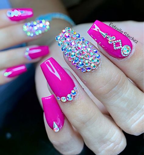 45 Sizzling Hot Pink Nails That Are Straight-Up Fire! - The Catalog Barbie Bling Nails, Hot Pink Acrylic Nails With Rhinestones, Hot Pink Nails With Rhinestones, Slim Nails, Pink Bling Nails, Nail Designs Bling, Bright Pink Nails, Baby Grinch, Bridal Nail Art