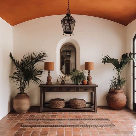 Moorish Decor Interior Design, Organic Mexican Modern, Hacienda Style Bathroom Mexico, Spanish Modern Entryway, Modern Mexican Farmhouse Decor, Modern Mediterranean Entryway, Hacienda Style Home Decor, Spanish Style Decorating Ideas, Spanish Tile Living Room