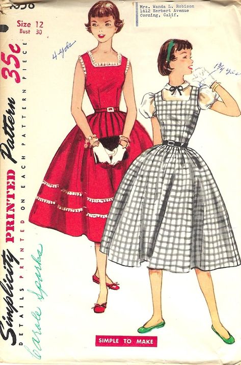 Simplicity 1058 1950s Dress Pattern Jumper and Blouse Bust | Etsy Dress With Blouse, Vintage Jumper Dress, 1950s Dress Patterns, Elastic Casing, Blouse Simple, 50s Outfits, Vintage Dress Patterns, Fashion 1950s, Low Neckline