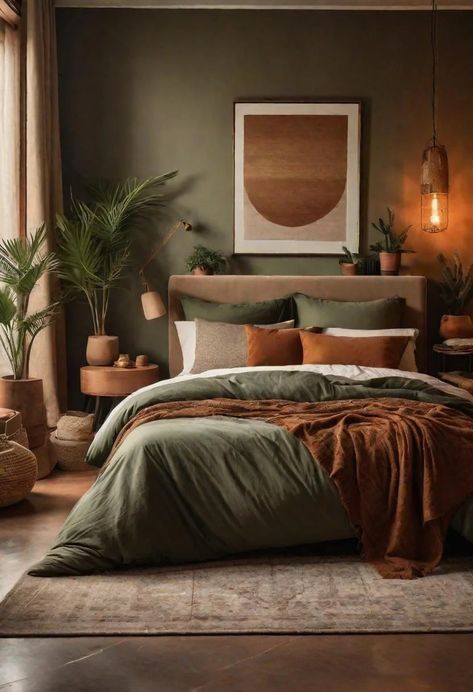 36 Earthy Bedroom Ideas for a Serene Space 16 Bedroom Different Aesthetics, Brown Interior Design Bedroom Ideas, Studio Bedroom Ideas Layout, Bedroom Color Small Room, Sage And Rust Bedding, Natural Interior Design Apartment, Industrial Earthy Decor, Nature Vibe Bedroom, 2 Bedroom Decor Ideas