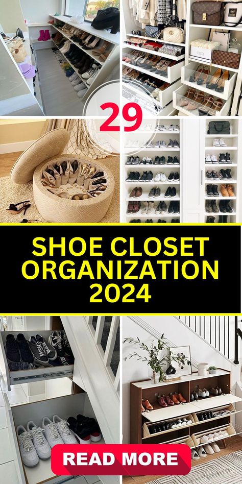 Transform your small bedroom with our shoe closet organization 2024 ideas, perfect for compact living. Our guide includes luxury storage solutions, incorporating black, built-in units and multi-purpose Ikea furniture. Ideal for families needing to maximize space, these ideas ensure every jacket, coat, and pair of shoes has its place. Small Closet Shoe Storage Ideas, Small Closet Shoe Storage, Organize Shoes In Closet, Closet Shoe Storage Ideas, Shoe Storage Small Closet, Shoe Storage Ideas Closet, Shoes Organizer Ideas, Shoe Closet Organization, Closet Shoe Organization