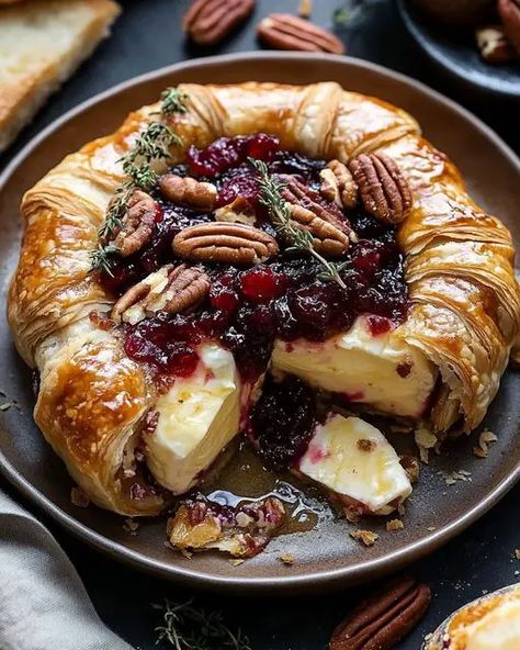 Baked Brie with Cranberry Sauce and Pecans Baked Brie With Cranberry Sauce, Brie With Cranberry Sauce, Baked Brie With Cranberry, Baked Brie Cranberry, Lobster Cream Sauce, Pecan Baked Brie, Lunch At Home, Cranberry Baking, Brie Puff Pastry