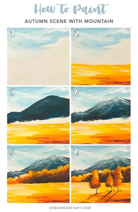 Easy Autumn landscape Painting - Acrylic painting tutorial step by step - Debasree Dey Art Easy Acrylic Landscape, Painting Tutorial Step By Step, Autumn Landscape Painting, Online Painting Classes, Easy Landscape Paintings, Landscape Painting Tutorial, Painting Skills, Art Painting Tools, Acrylic Landscape