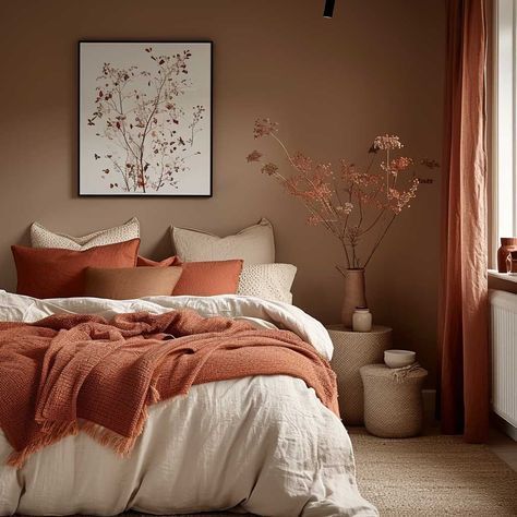 Earth Colours Bedroom, Bedroom Autumn Colours, Orange And Gray Bedroom Ideas, Rust Colour Bedroom, Bedroom Clay Color, Terracota Bedding Room, Clay Color Palette Bedroom, Boho Bedroom Colour Palette, Bedroom Ideas Brown Walls