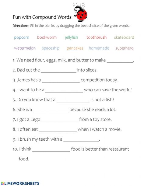 Adult Worksheets, Sentence Grammar, Compound Sentence, Sentence Building Worksheets, Compound Words Worksheets, Word Riddles, English Grammar Test, Spelling Online, Advance English