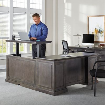 This l-desk features two box drawers and one letter/legal hanging file drawer. Full-extension drawers slide easily on ball bearing suspension. The return includes one 2" diameter grommet for wire management. Nj House, Navy Furniture, Double Pedestal Desk, L Desk, Desk Dimensions, Office Space Design, Desk Height, Corner Wall, Business Furniture