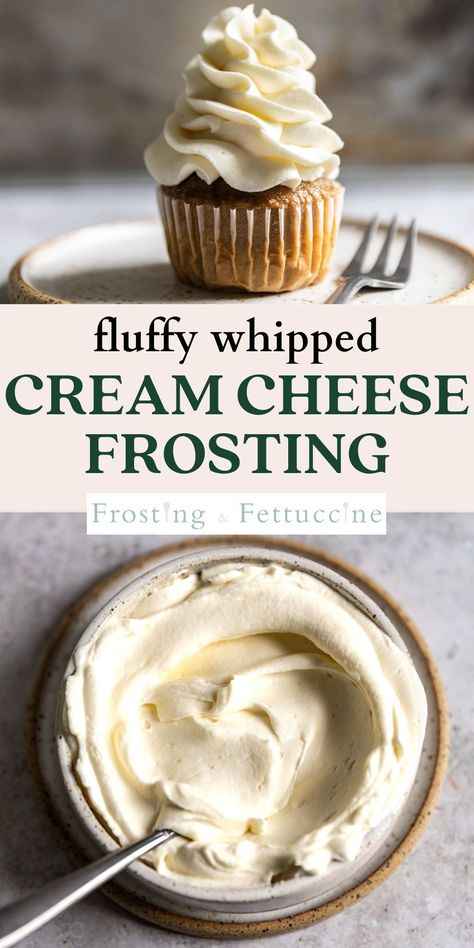 This homemade whipped frosting recipe with cream cheese uses only 4 ingredients to create a light and airy frosting for cupcakes or cakes! It's stable at room temperature and holds it shape for piping, too. This homemade cream cheese frosting is a sweet and tangy frosting perfect for any dessert. Light And Airy Whipped Cream Frosting, Light Whipped Cream Frosting, Different Frosting Flavors, Yummy Cream Cheese Frosting, Whipped Cream Cheese Frosting For Cake, Whip Cream Cream Cheese Frosting, Cream Cheese Icing Recipe For Cake, Piped Cream Cheese Frosting, Stable Cream Cheese Icing