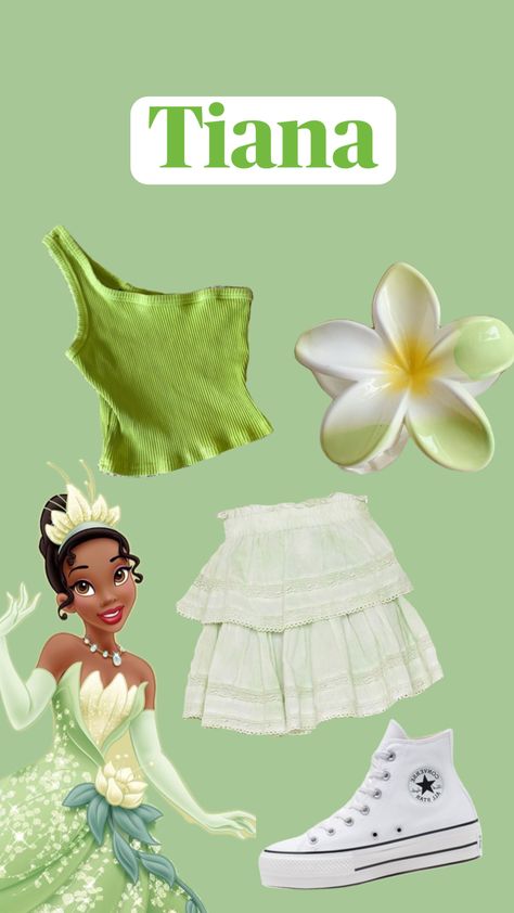 Tiana inspired outfit!💚🐸⭐ What character should I do next? #fyp #f4f #l4l #follow #tiana #princessandthefrog #frog 4 Person Halloween Costumes, Cute Easy Halloween Costumes, Disney Vacation Outfits, Halloween Costumes Brunette, Disney Character Outfits, Disney Bound Outfits Casual, Disney Characters Costumes, Run Disney Costumes, Theme Park Outfits