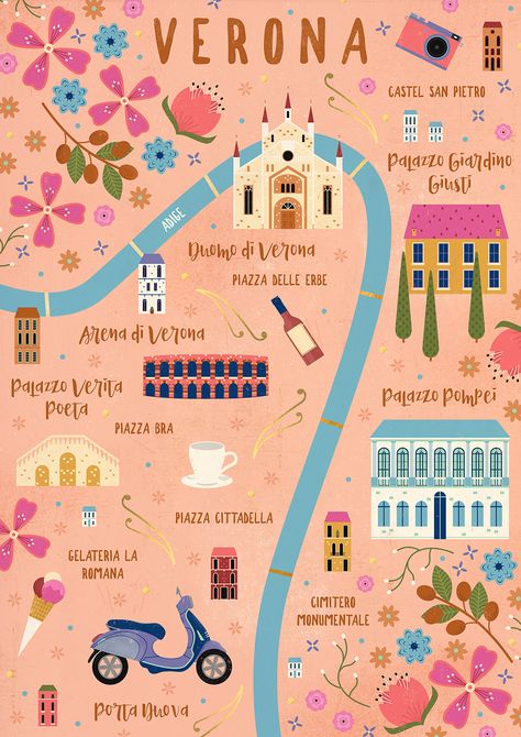 Verona Italy, Voyage Europe, Travel Illustration, Illustrated Map, Travel Maps, City Maps, Map Design, Travel Inspo, Travel Bucket