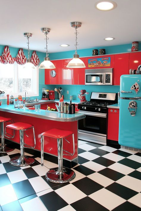 Dive into the latest kitchen design trend with this retro-inspired setup! Bold red and blue hues create a lively atmosphere, perfect for cooking and entertaining. 🍳 Vibrant decor meets functionality in this stylish kitchen. #RetroKitchen #HomeDecor #KitchenDesign Retro Diner Kitchen Ideas, 1970s Kitchen Decor, 1950 Kitchen Ideas, Red House Interior, Retro Diner Aesthetic Kitchen, Disco Kitchen, 60s Lifestyle, 70s Interior Design Retro, Red Retro Kitchen