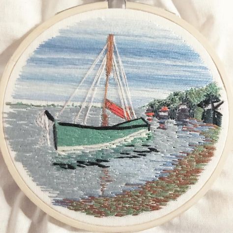 Lauren: Little Leigh Stitchery в Instagram: «When you run out of thread two stitches away from finishing the whole damn thing. The finally almost completed Endeavour - one of the…» Boat Landscape, Nautical Embroidery, Latest Embroidery Designs, Monogram Cross Stitch, Stitching Ideas, Dmc Embroidery, Cutwork Embroidery, Floral Embroidery Patterns, Contemporary Embroidery