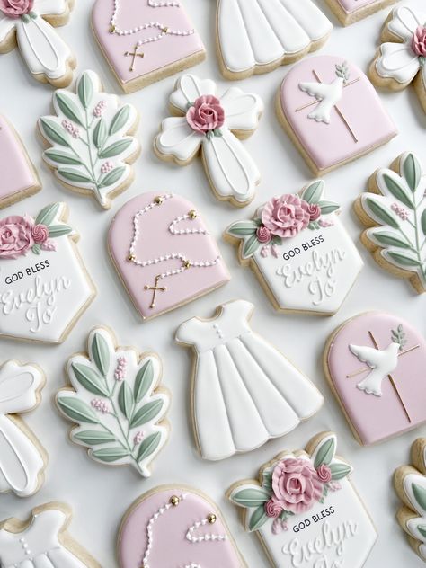 Baptism cookies, decorated sugar cookies, baptism baby girl Baptism Sugar Cookies Girl, Christening Cookies Girl, Baby Girl Baptism Cookies, God Bless Cookies, Girl Baptism Theme, Baptism Food Ideas, Baby Girl Baptism Ideas, Baptism Cookies Girl, Girl Baptism Ideas