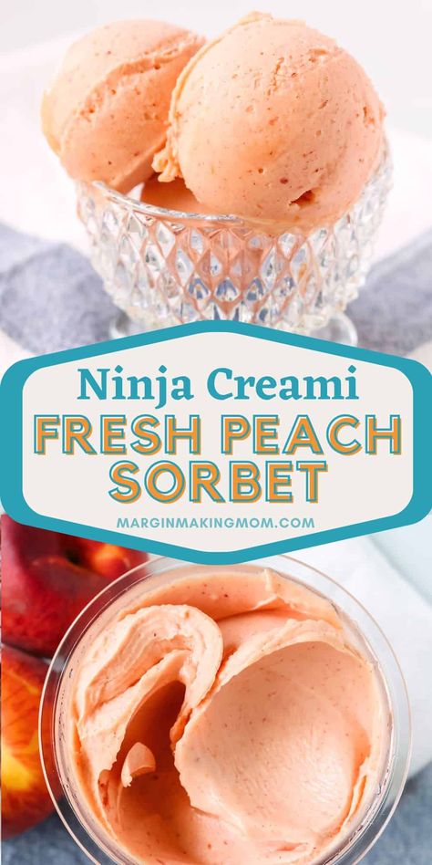 Did you know you can transform fresh peaches into the most delicious sorbet? The Ninja Creami machine makes it super easy! This is a healthy recipe you can make with no added sugar, and you don't even have to peel the peaches! Ninja Creami Fresh Peach Sorbet, Ninja Creami Fresh Peach Ice Cream Recipes, Fresh Peach Sorbet Ninja Creami, Ninja Creami Sorbet Recipes Healthy, Peach Ninja Creami Recipe, Ninja Creami Slushy Recipe, Peach Sorbet Ninja Creami, Peach Ninja Creami, Creami Recipes Ninja