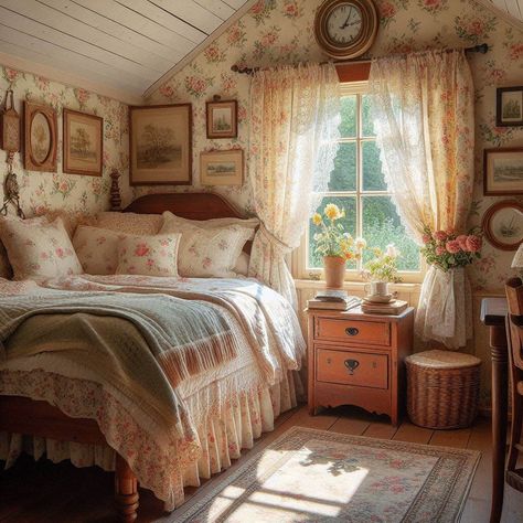 Cottage Bedroom Bloxburg Cottagecore Bedroom Ideas, Granny Room Bedrooms, English Cottage Guest Bedroom, Small Shabby Chic Bedroom, Happy Cozy Bedroom, Granny Room Ideas, Cozy Bedroom Ideas Vintage Cottage Style, English Cottage Girls Bedroom, Granny House Aesthetic