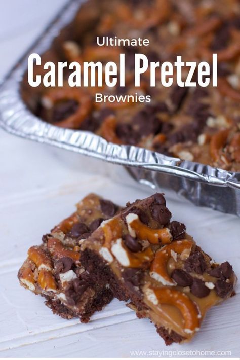 Caramel Pretzel Brownies is a brownie recipe topped with a gooey caramel layer, chocolate chips, toffee bits and a pretzel surprise. Brownies from a Boxed Mix How to doctor up a boxed brownie mix. Recipes that start with a boxed brownie mix. Brownies With Pretzels And Caramel, Brownie Toppings Ideas, Brownie Mix Desserts, Caramel Pretzel Brownies, Ultimate Brownie Recipe, Pretzel Caramel, Boxed Brownie Recipes, Pretzel Brownies, Brownies Caramel