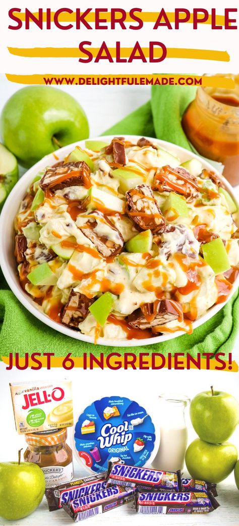 The BEST Snickers Apple Salad Recipe {Just 6 Ingredients!} Apple Snickers Pie, Candy Bar Apple Salad, Friendship Salad Recipe, Carmel Apple Snickers Salad, Twix Salad Apple, Twix Apple Salad, Easy Dessert Salads, Snickers Fruit Salad, Snickers Apple Salad With Cream Cheese