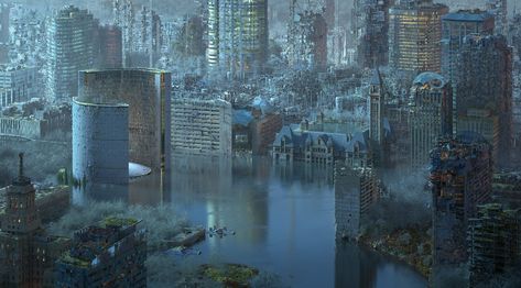 Flooded City, Apocalyptic City, Post Apocalyptic City, Dystopian Art, Man Aesthetic, Strange Days, Apocalypse World, Post Apo, Apocalypse Art