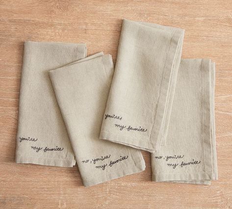 Favorite Embroidered Assorted Linen Napkins - Set of 4 in 2022 | Embroidered napkins, Linen napkins, Napkins Embroidered Napkins, You're My Favorite, Sweet Quotes, Linen Napkins, Embroidery Projects, First Home, Napkins Set, Enjoy Life, Pottery Barn