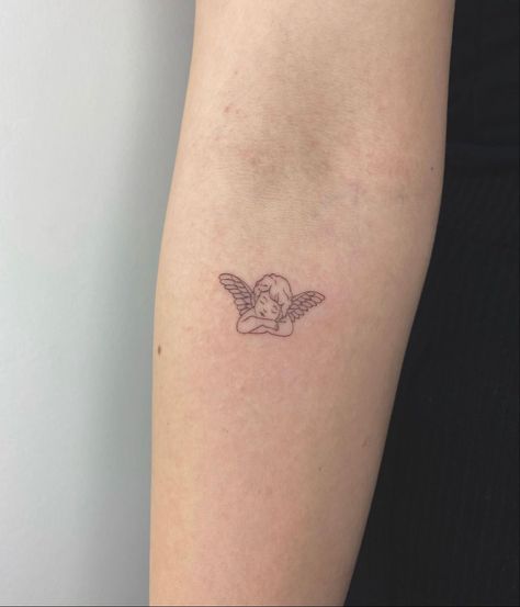 angel tattoo @chiko.tattoo Simple Angel Tattoos, Angel Tattoo For Women, Art Tattoo Ideas, Minimalist Tattoo Small, Cherub Tattoo, Basic Tattoos, Tiny Wrist Tattoos, The Best Tattoos, Self Love Tattoo