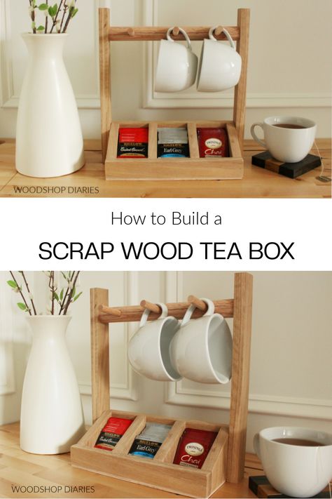 DIY Tea Storage Box with Mug Holder Wood Tea Organizer, Wood Mug Holder, Wooden Tea Box Diy, Diy Tea Box Storage, Wooden Tea Box Ideas, Tea Storage Diy, Wooden Mug Holder, Diy Tea Holder, Tea Box Ideas