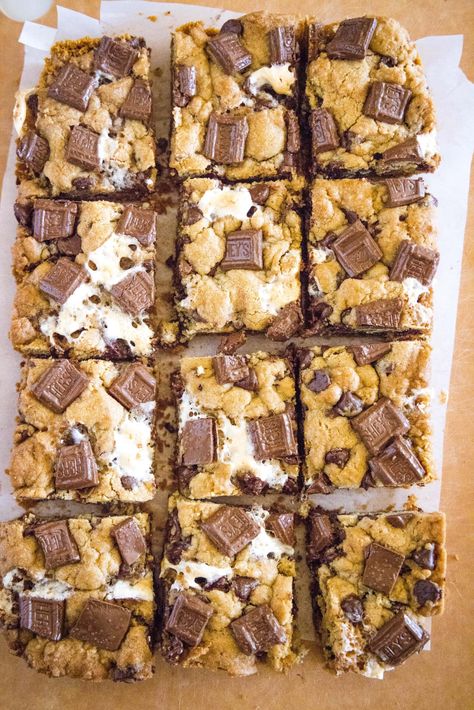 S’more Cookie Bar Recipe, S’mores Baked Goods, S’mores Pinwheels, Oreo Smores Bars, S’mores Desert Ideas, Pinch Of Yum Smores Bars, Preppy Kitchen Smores Bars, S’mores Chocolate Chip Cookie Bars, S’mores Cookie Bars Recipe