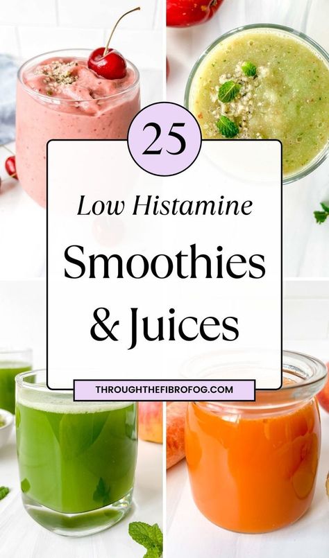 collage of juices and smoothies in glasses with text, twenty five low histamine smoothies and juices. Anti Histamine Foods, Histamine Intolerance Diet, Low Inflammation Diet, Low Histamine Foods, Free Smoothie Recipes, Fibro Fog, Anti Inflammation Recipes, Veggie Juice, Low Histamine Diet