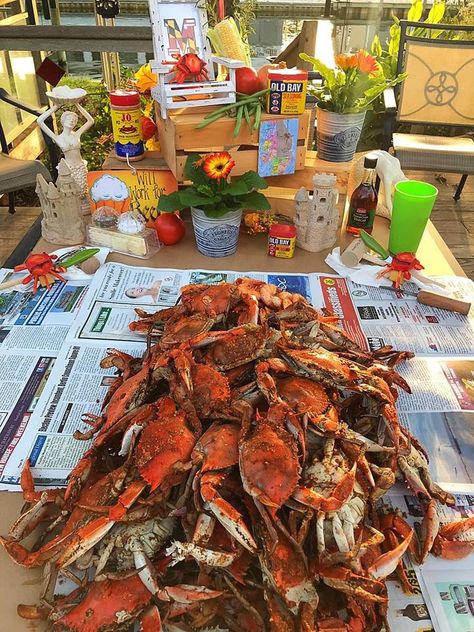 Crab feast display Crab Feast Party Decorations, Crab Feast Party Ideas, Crab Boil Seasoning Recipe, Crab Feast Party, Lobster Bake Party, Seafood Extravaganza, Crab Boil Party, Seafood Broil, Girl Brunch