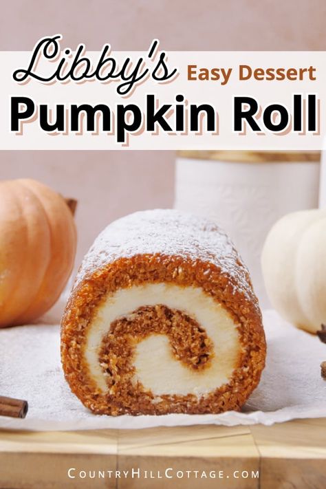 Libby's pumpkin roll recipe yields a fluffy, airy, and tender cake filled with a tangy cream cheese filling. Pumpkin cake roll is easier than you think and will become your favorite pumpkin dessert. A beautiful treat for Thanksgiving and the holiday season! Cream cheese pumpkin roll is a showstopper! This pumpkin log literally melts in your mouth. Pumpkin log is soft and bouncy, made with basic ingredients, and the filling has an unbelievable cheesecake-like texture. | CountryHillCottage.com Moist Pumpkin Roll Recipe, Moist Pumpkin Roll, Pumpkin Roll Cake Mix Recipe, Pumpkin Roll With Box Cake, Thanksgiving Pumpkin Roll, Punkin Roll Recipe, Pumpkin Spice Roll Recipe, Pumpkin Log Roll Recipe, Pumpkin Roll With Nuts Recipe