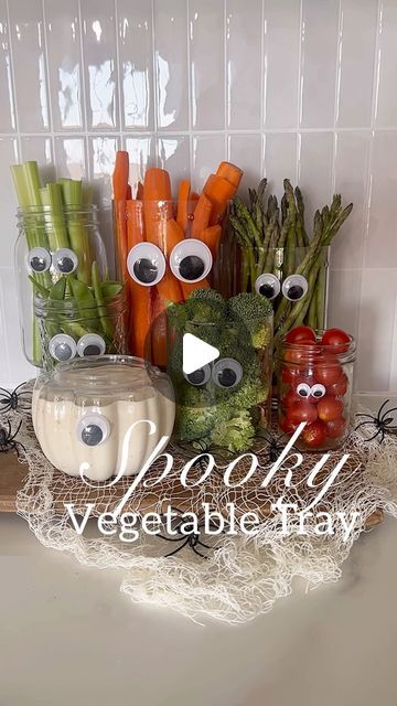 Chelsea Zutavern on Instagram: "Spooky Vegetable Tray!!🥦👀
This is a fun way to serve vegetables at your Halloween parties and gatherings this month! I gathered clear containers and jars that I had around the house. Glued on googly eyes and filled with veggies. Super easy and fun!!
.
.
#appetizers #fallfood #appetizerideas #veggies #vegetables #vegetabletray #halloween #halloweenparty #kidsfood #kidsparties #fingerfood #easyappetizers #easyrecipe" Vegetable Halloween Tray, Vegetable Trays Ideas Parties, Halloween Vegetable Tray, Halloween Vegetables, Veggie Tray Ideas, Halloween Veggie Tray, Fun Appetizers, Clear Containers, Vegetable Appetizers