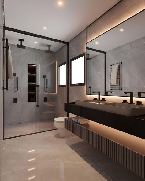 Masculine Minimalism, Master Ensuite Bathroom Luxury, Modern Ensuite Bathroom Ideas, Moody Spa, Dark Marble Bathroom, Ensuite Inspiration, Mixing Furniture, Modern Ensuite, Amazing Rooms