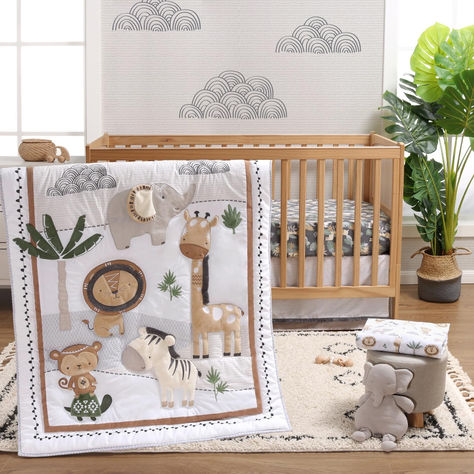 The Peanutshell Safari Crib Bedding Set for Boys or Girls, 4pc Organic Cotton Crib Comforter Set, Elephant Giraffe Monkey Zebra Nursery Decor, Neutral Grey, White, Tan, Green Organic Crib Bedding, Crib Comforter, Nursery Accessories, Dust Ruffle, Nursery Crib, Crib Sets, Nursery Set, Safari Nursery, Crib Bedding Sets