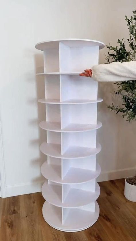 Make your shoes neat and organized with this rotating shoe rack tower lazy susan; The space saving design can hold up many shoes or bags in a compact space; SIZE: 23.2"W x 23.2"D x 63"H Keep your home clean and keep track of your shoes better with this spinning shoe rack tower; Makes every shoe visible and save so much of your room closet storage space Rack Closet Organization, Spinning Shoe Rack, Shoe Rack For Small Spaces, Rotating Shoe Rack, Stylish Room Decor, Shoes Closet, Bag Rack, Shoe Rack Closet, Outdoor Furniture Plans