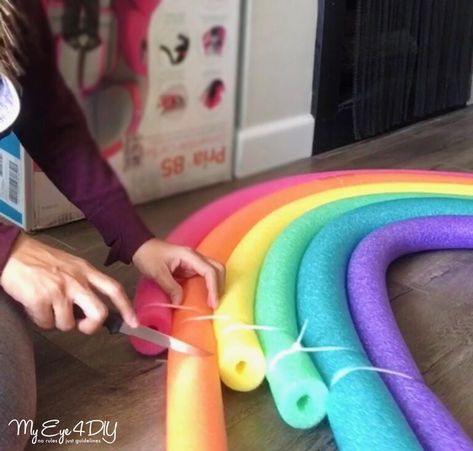 Pool Noodle Rainbow, Pool Noodle Hacks, Noodle Hacks, Rainbow Room Decor, Funny Prom, Pool Noodle Crafts, Rainbow Themed Birthday Party, Care Bear Party, Care Bear Birthday