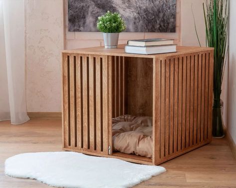 Wooden Dog House Indoor, Custom Dog Beds Diy, Plywood Dog Crate, Ikea Hack Dog Crate, Dog House Ideas Indoor, Hidden Dog Crate, Large Dog Crate Ideas, Dog Furniture Crate, Built In Dog Crate