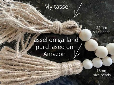 Comparing homemade tassel to tassel on purchased wood bead garland. How To Make Bead Garland, Tassel With Beads Diy, Wood Bead Tassels Diy, How To Make A Tassel With Twine, Wooden Bead Garland Decor Ideas, Wood Bead Garland Diy, Bead Garland Diy, Diy Wood Bead Garland, Tassels With Beads