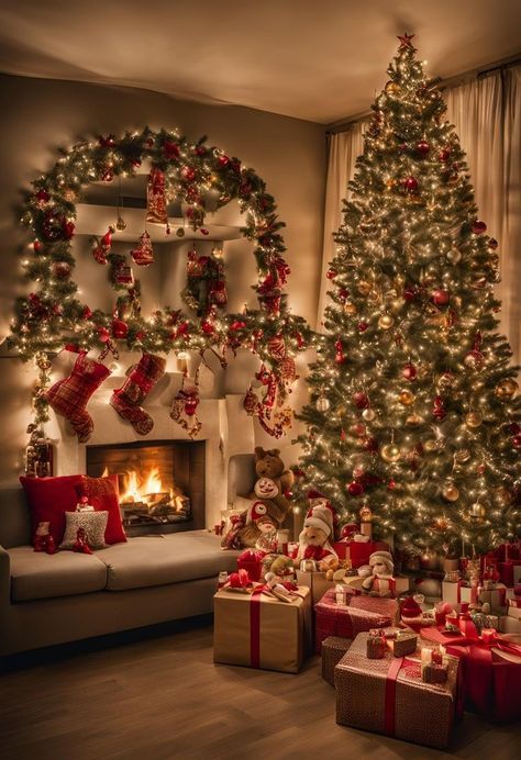 Romantic Christmas Decorations, Cute Christmas Living Room, Christmas Tree Decoration Aesthetic, Christmas Tree With Presents Aesthetic, Presents Aesthetic Christmas, Warm Christmas Tree Ideas, Fancy Christmas Aesthetic, Christmas Classic Decor, Christmas Decor Ideas Classic