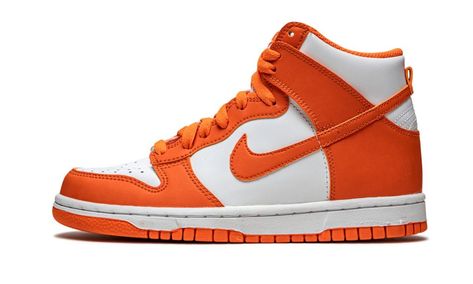 The Nike Dunk High GS “Syracuse” is the youth sizing of an original colorway from the college basketball inspired “Be True to Your School” pack from 1985. Nike brought back the popular “Syracuse” look on the low-top version of the Dunk in 2020 to coincide with the Dunk’s 35-year anniversary. In 2021, the white-and-orange colorway returned on the Dunk High for the first time since 2016. Fiery Orange Blaze leather panels on the forefoot, eyelets, collar, and heel provide a burst of color against… Nike Dunk Low Sp, Sb Dunks, School Pack, Nike Dunk High, Dunk High, Fame Dr, Stadium Goods, Sneaker Games, Nike Kids