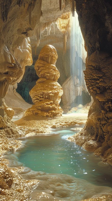 Natural Cave System with Walls, Floor, and Ceiling Composed of Gold Cave With Stalactites, Cave With Crystals, Cave Palace, Weird Landscapes, Caves Art, Cave Crystals, Stalactite Cave, Gem Cave, Magical Cave