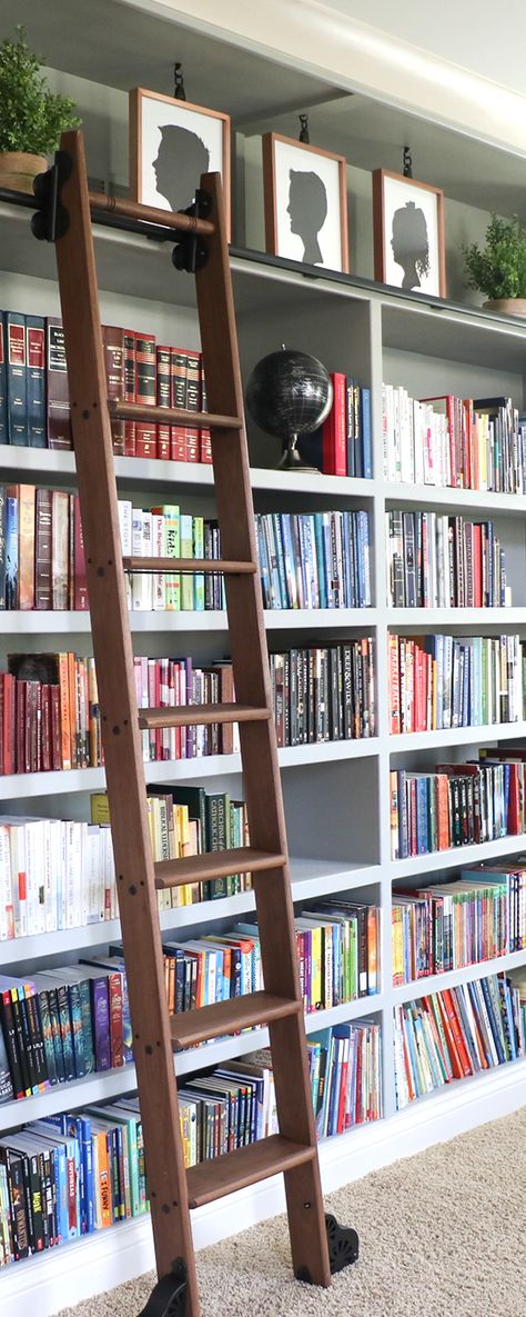 A beautiful rolling ladder installation by Sincerely, Sara D. Beautiful Bookshelves, Bookcase Ladder, Rolling Ladder, Beautiful Bookshelf, Bookcase With Glass Doors, Home Office Library, Library Ladder, Library Bookshelves, Cool Bookshelves