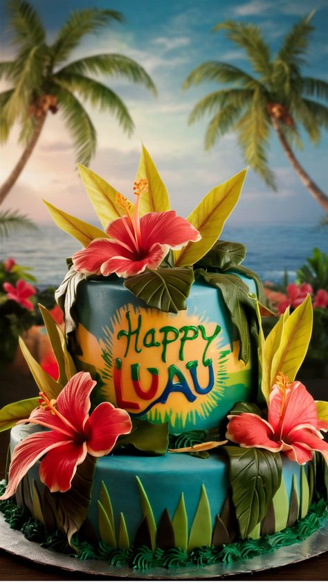 Tropical-themed cake with "Happy Luau" message, decorated with hibiscus flowers and palm leaves, set against a beach backdrop. Tropical Party Cake, Luau Cake Ideas, Delicious Cake Ideas, Birthday Party Cake Ideas, Luau Cake, Ocean Elements, Party Cake Ideas, Blue Icing, Luau Theme Party